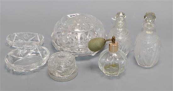 A quantity of cut glass including scent bottles